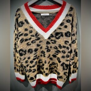 Idem Ditto Women’s Leopard Plush V Neck Oversized Sweater Size S/M